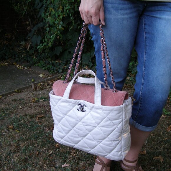 💖 CHANEL Portobello White Quilted Leather & Pink Suede Tote/Shoulder Bag - Picture 8 of 16
